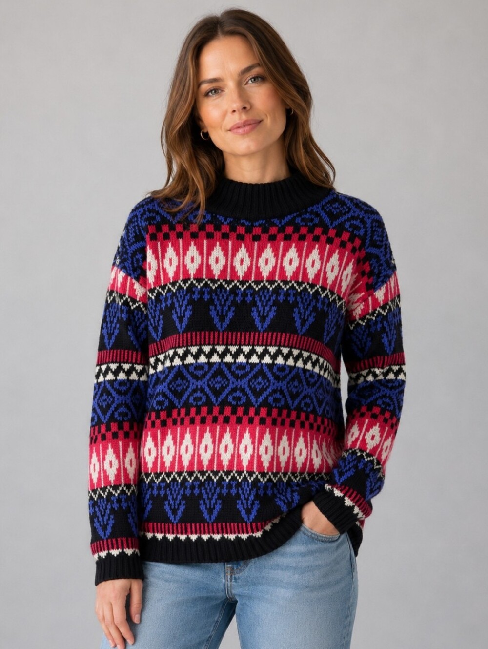 Vintage Croquet Club Black/Blue/Pink Geometric Retro Sweater Women's Size Large